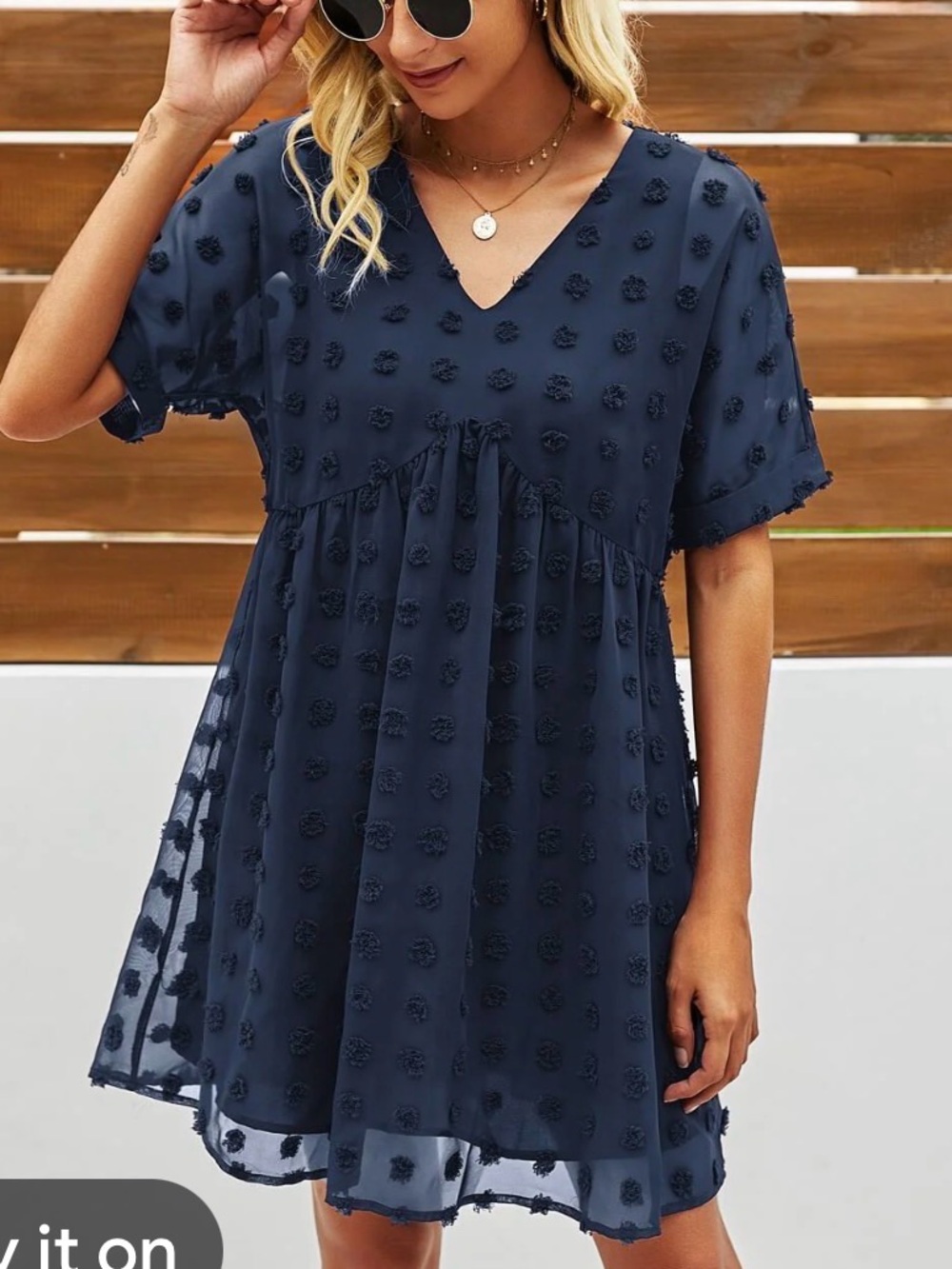 🩷 Navy Short Sleeve V-Neck Babydoll Dress Swiss Dot Size M Great teacher dress